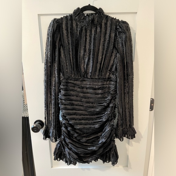 Black Velvet Ruffle Mini Dress with Sheer Detailing - Picture 1 of 5